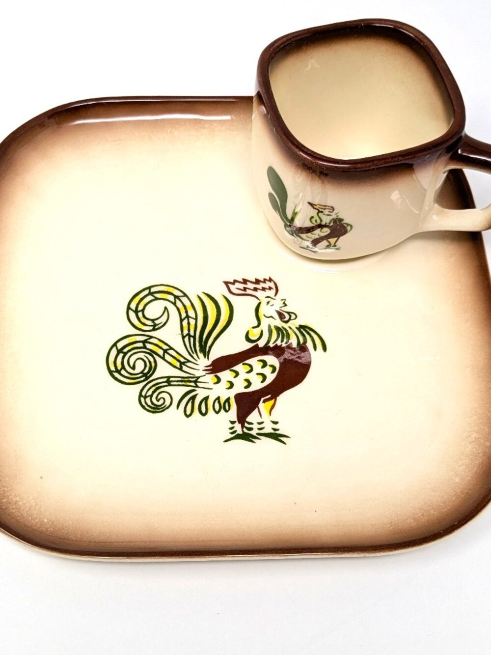 Brock of California Chanticleer Rooster Snack Plate w cup VTG 50s MCM Kitsch